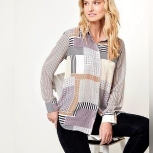 ROSE + OLIVE White Black Beige Patchwork Button Down Shirt M